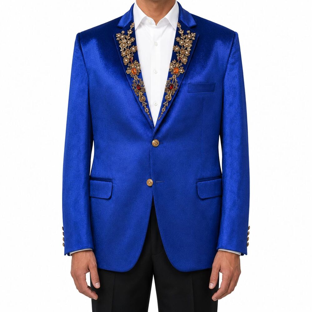 Mens 46R Royal Blue Velvet Blazer Hand Embroidered Jeweled Wedding Tuxedo Groom